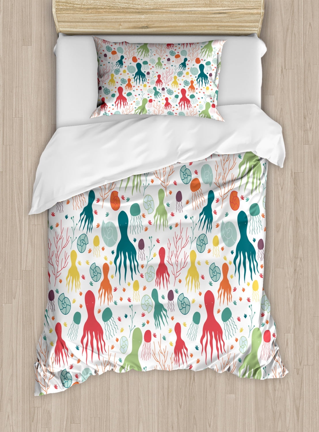 Octopus Duvet Cover Set Twin Size, Ocean Themed Animals and Plants