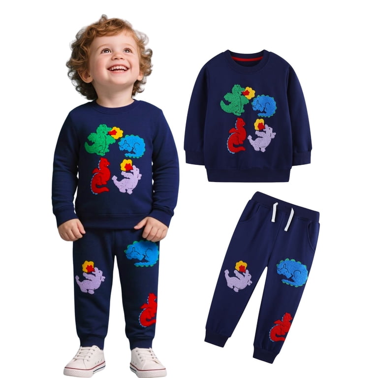 HILEELANG Boys Dinosaur Appliqué Sweatshirt & Jogger Set photo 2