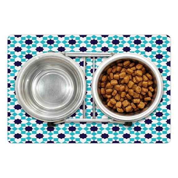 Geometric Pet Mat for Food and Water, Vintage Style Moroccan Stars and Squares Pattern, Non-Slip Rubber Mat for Dogs and Cats, 18" X 12", by Ambesonne