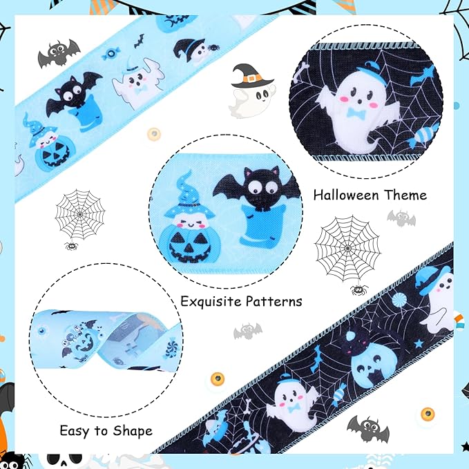 4 Rolls 20 Yards Blue and Black Halloween Wired Ribbons, 2.5 Inch Ghost Pumpkin Bat Printed Grosgrain Ribbon, Halloween Themed Fabric Ribbon for Wreaths, Wrapping Gifts, Crafts