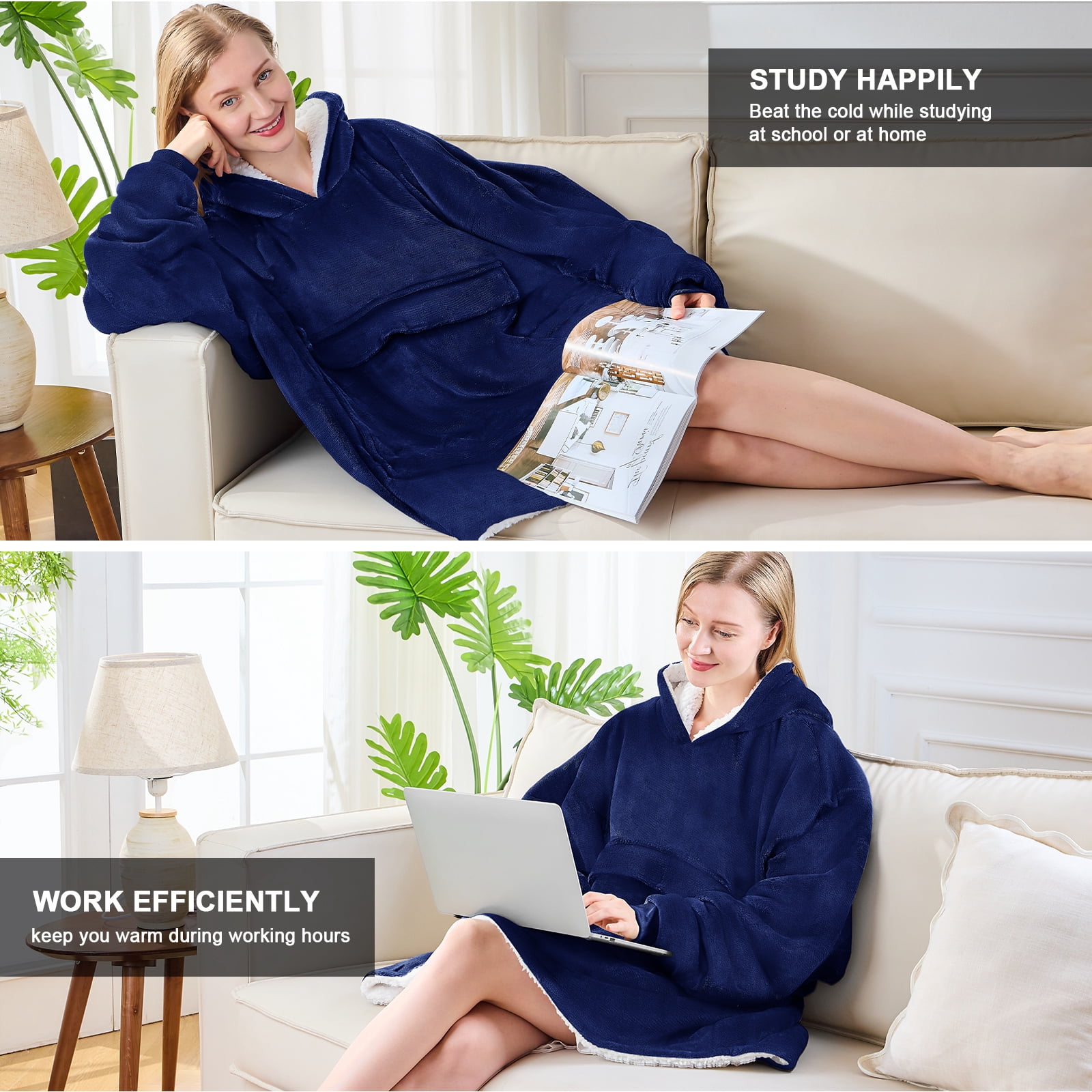 PMONPA Heated Wearable Blanket, Oversized Wearable Heated Blanket for Adult, Sherpa Fleece Blanket Hoodie,One Size, Blue
