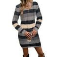 thumbnail image 5 of Women'S Striped Sweater Dress High Waist Knit Textured V Neck Long Sleeve Bodycon Dress Knit Mini Dress Gray S, 5 of 10