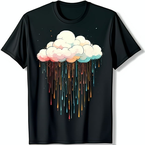 Vibrant Black T-Shirt with Colorful Dripping Cloud Graphic Design