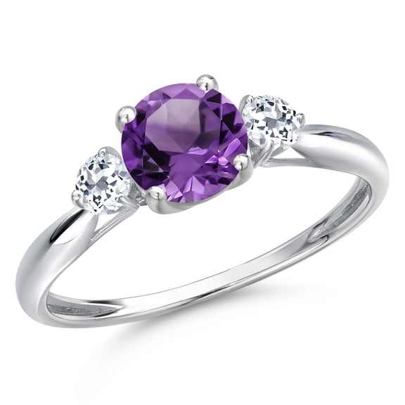 Gem Stone King 10K White Gold Purple Amethyst and White Topaz 3-Stone Ring for Women | 1.28 Cttw | Round 6MM | Gemstone February Birthstone | Size 7