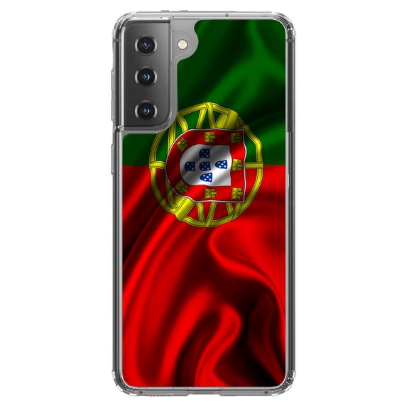 DistinctInk Clear Shockproof Hybrid Case for Galaxy S21  PLUS 5G (6.7" Screen) - TPU Bumper, Acrylic Back, Tempered Glass Screen Protector - Portugal Waving Flag