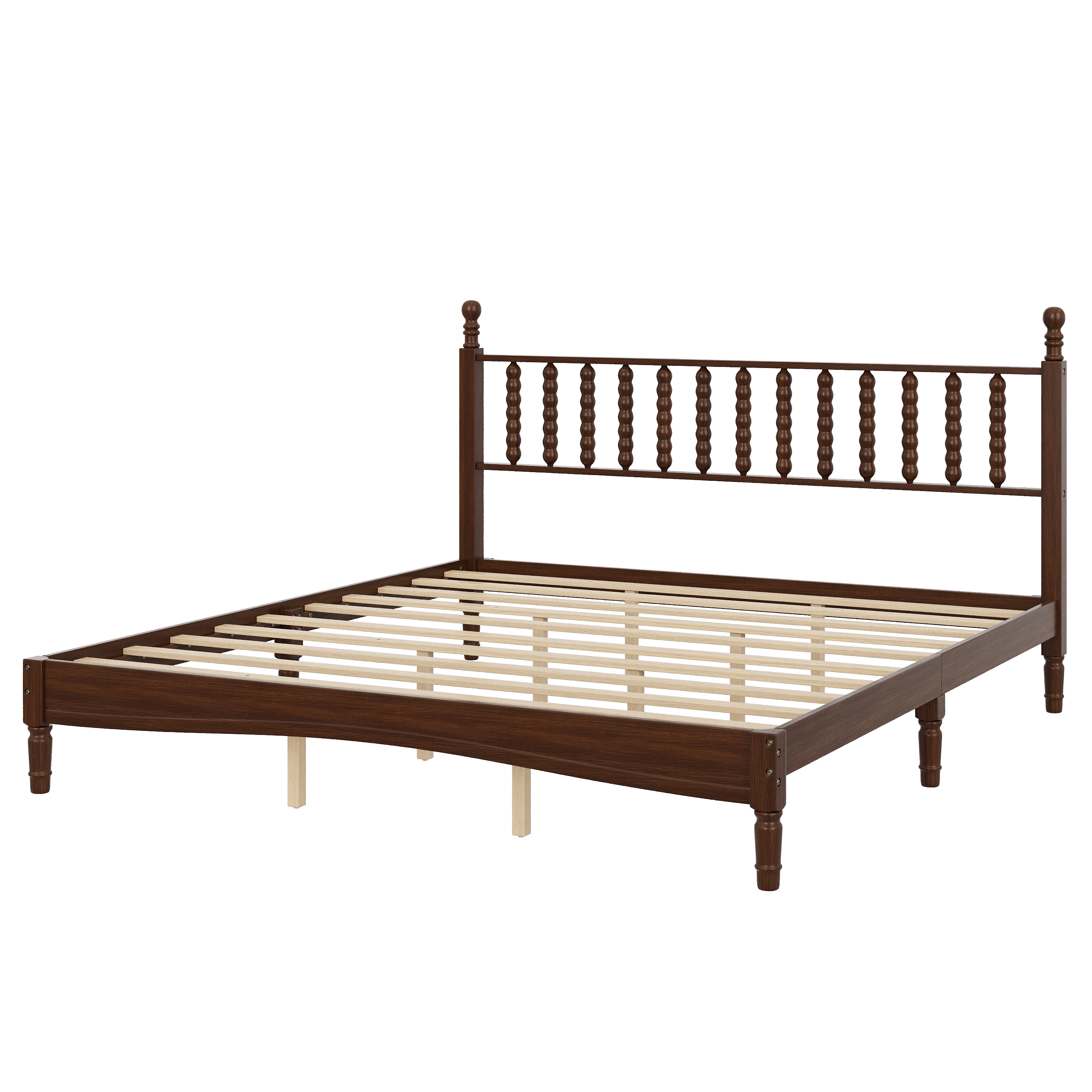 MODERNLUXE Wood King Size Platform Bed Frame with Gourd Shaped Headboard and Wooden Slat Support for Bedroom,Walnut