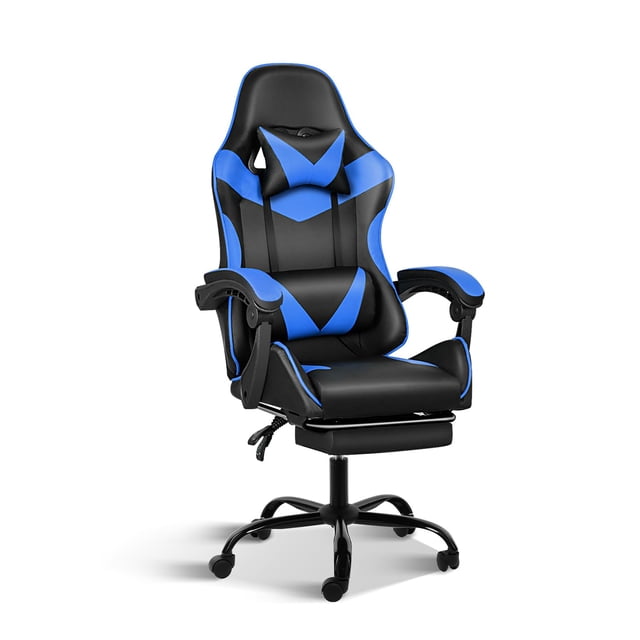 silla de juego yssoa racing style ajustable con reposapiés negro/azul, respaldo alto tipo racing y reposapiés desplegable; tapizado en PVC negro con paneles azules y detalle efecto fibra de carbono, cojín lumbar y reposacabezas acolchados, apoyabrazos acolchados, base metálica giratoria de 5 ruedas y palanca para ajustar altura y reclinación 90–120°; también se usa frecuentemente como silla para estaciones de trabajo creativas.