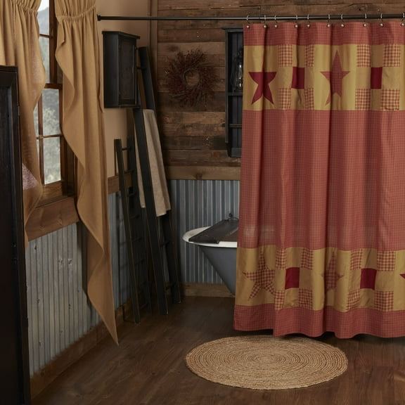VHC Brands Ninepatch Star Bath Decor, Shower Curtain w/ Patchwork Borders, Red, 72x72