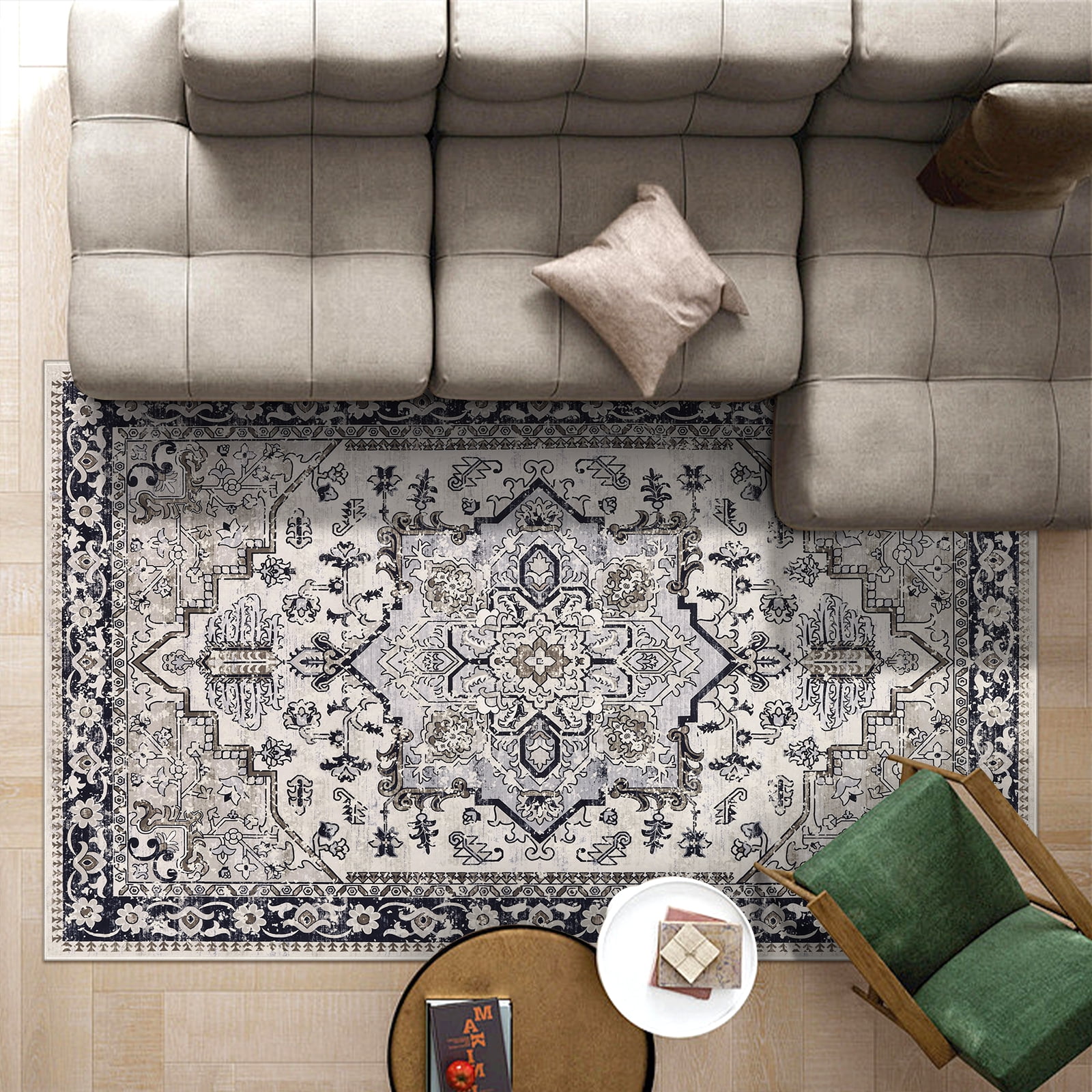 LOKHOM 5'x7' Boho Area Rug for Living Room, Non Slip Machine Washable Rugs Vintage Floor Carpet for Bedroom Dinning Room Kitchen, Black Coffee