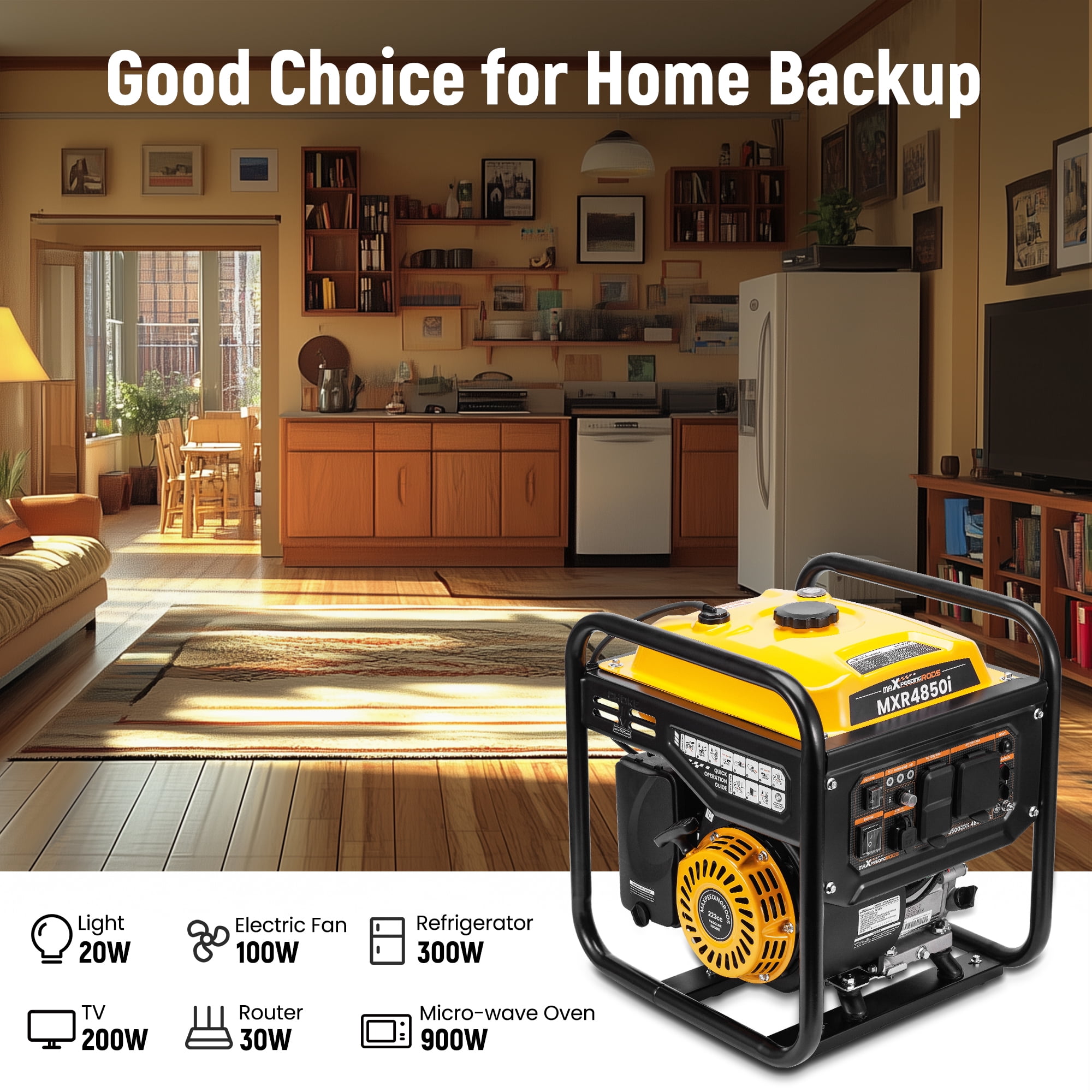 Maxpeedingrods 4850 Watt Open Frame Generator, Gas Powered Portable Inverter Generator, Gasoline, Recoil Start, for Home Backup,Camping,RV