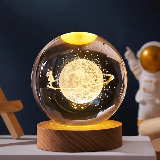 Planetas 3D Bola de cristal USB Luz de planeta de cristal brillante con base de madera Esfera de planeta grabada creativa Luz de noche de planeta de cristal para la decoración de la oficina en el hoga