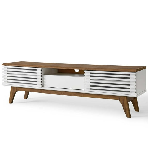 Media TV Stand Console Table, Wood, Brown Walnut White, Modern Contemporary Urban Design, Living Lounge Room Hotel Lobby Hospitality