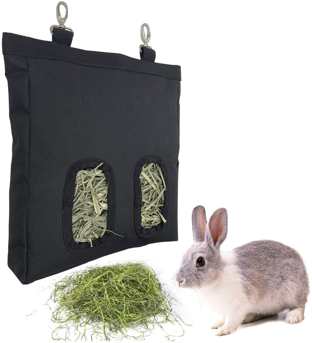 Hay Feeder Bag Black with Feeding Hole for Small Pets 600D Oxford Cloth with Two Feeding Holes Rabbit Feeding Bag