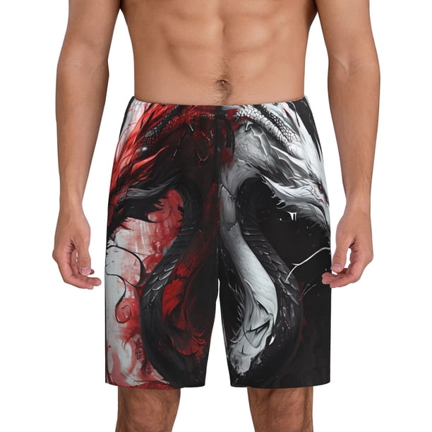 Balery Cool Black And White Dragon Pantalones cortos de pijama de punto de algodón para hombre con cinturilla y bolsillos-Medium