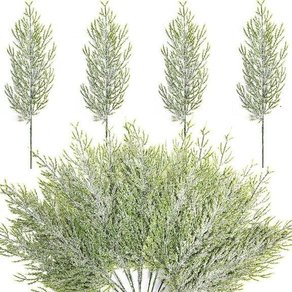 30Pcs 13.5" Snowy Artificial Pine Needles Branches Twigs, Greenery Ceder Sprigs Pine Picks Stems for Christmas Wreath Home Garden Decoration