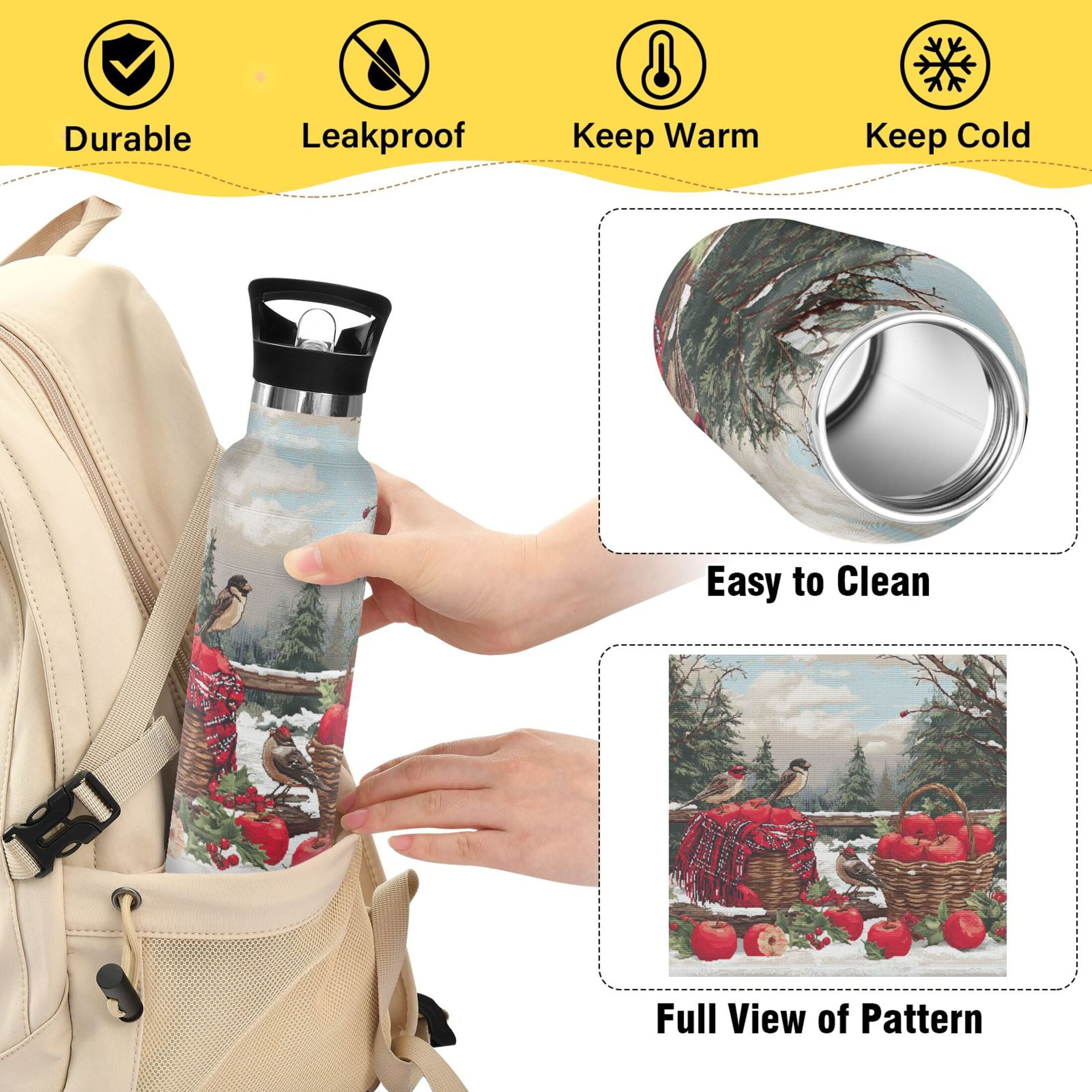 Kids Insulated Stainless Steel Sports Water Bottle 600ml (20oz) Apples and Baskets