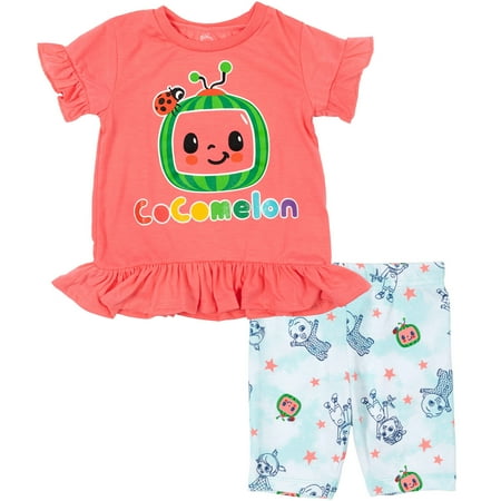 

CoComelon JJ Yoyo Tomtom Infant Baby Girls Peplum T-Shirt and Bike Shorts Outfit Set Infant to Toddler