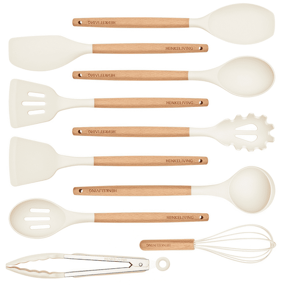 HENKELIVING 10 Pcs Kitchen Cooking Utensils Set, Non Stick Silicone Cookware with Heat Resistant Wood Handles, Recycled Materials Certification, BPA Free, White