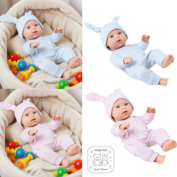 12 Inch Soft Vinyl Baby Doll Set, Cute Hugs Doll with Onesie Outfit, Kids Pretend Play Dress Up Doll Kit, Realistic Infant Toy, Birthday Holiday Gift for Boys&Girls, Suitable for Kids Ages 3 and Up