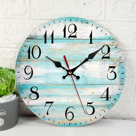Wooden Pattern Wall Clock Silent Non-Ticking, Vintage Beach Wood Old Teal Round Rustic Wall Clocks Decor for Home Kitchen Living Room Office, Battery Operated