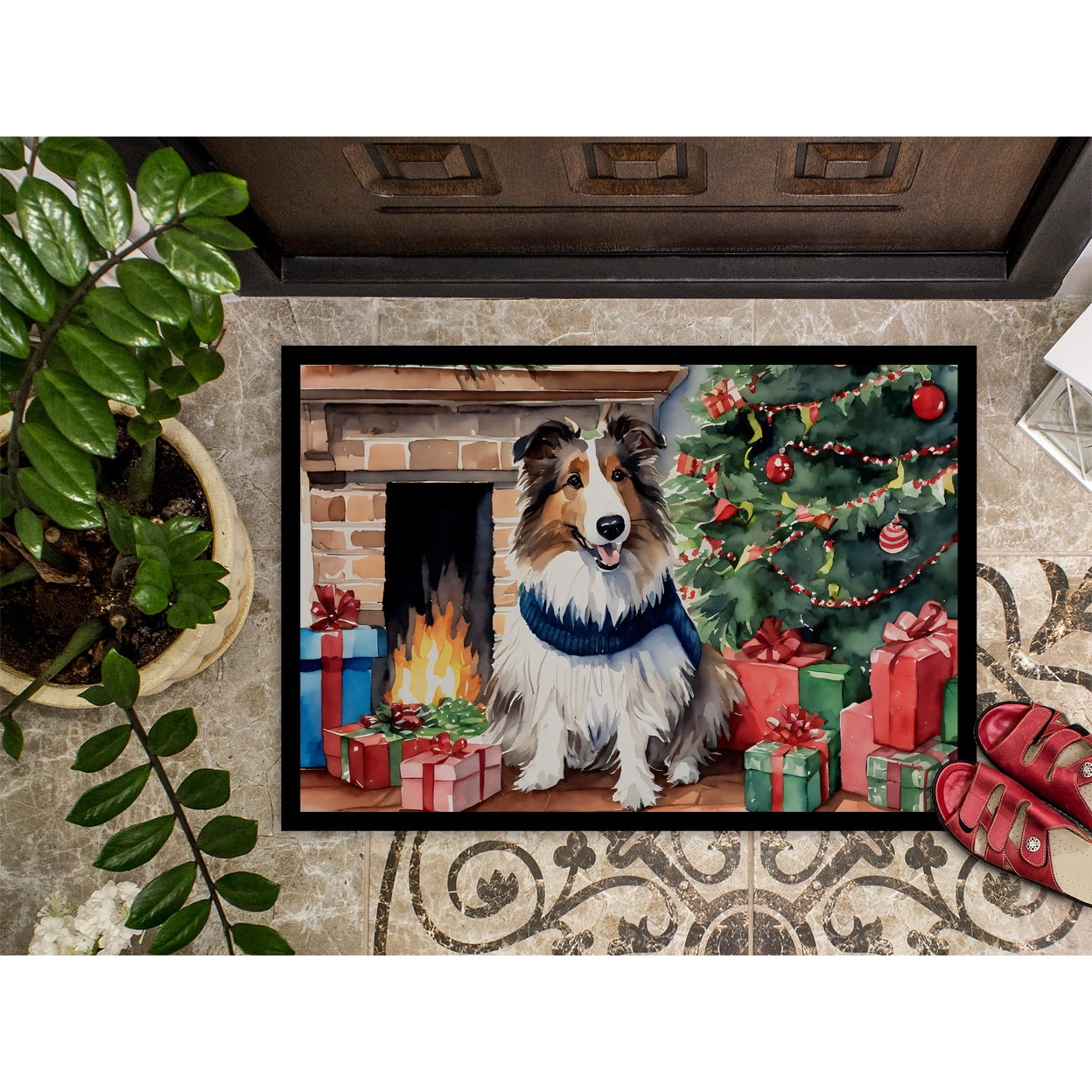 Carolines Treasures DAC2749MAT 0.15 x 18 x 27 in. Sheltie Cozy Christmas Doormat