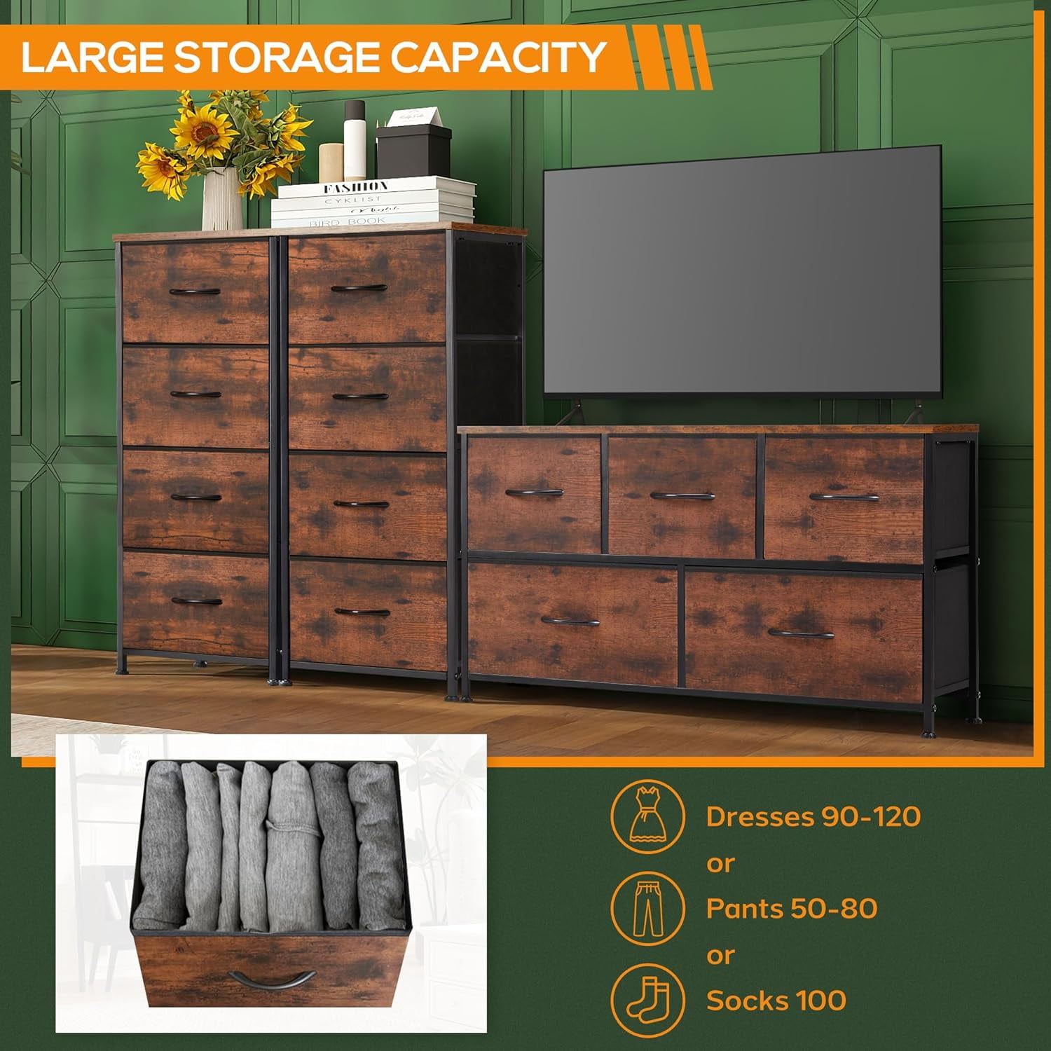 4 Drawer Dresser, Tall Chest Of Drawers Nightstand Storage Tower Storage Dresser Fabric Dresser With Wood Top for Living Room, Bedroom, Hallway,Rust