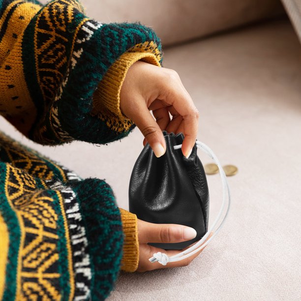 unbranded Pequeño Negro De Cuero Con De Cordón Ideal Para Guardar Monedas Y Objetos Pequeños