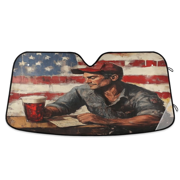 American Worker and Flag Car Windshield Sun Shade Foldable Car Front Window Visor Heat and UV Protection 53x23.5
