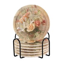 6 Pcs Drink Coasters with Holder 3.94in Woven Coasters for Drinks Beautiful Floral Bouquet Coaster Set for Protection Table