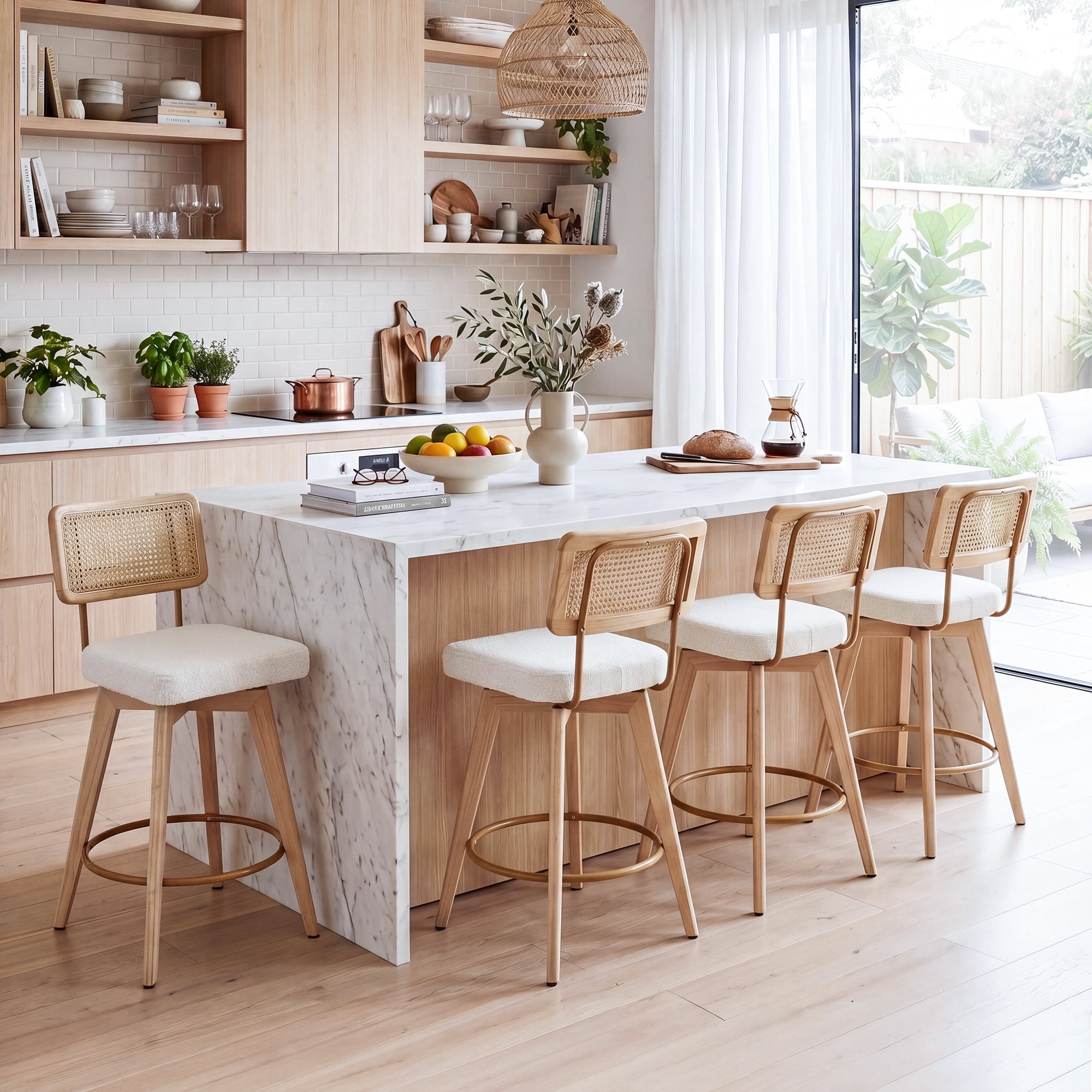 Zesthouse 26.2" Rattan Counter Stools Set of 2, Swivel Sherpa Counter Height Bar Stools with Cane Back and Wooden Legs, Mid Century Barstools for Kitchen Island, White