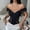 Black-AA, variant on Women Ruffle off Shoulder Top Straight Neckline Lace Up Backless Hook-Eye Front Corset Bustier Top Eyelet Textured Blue-AB S(S)