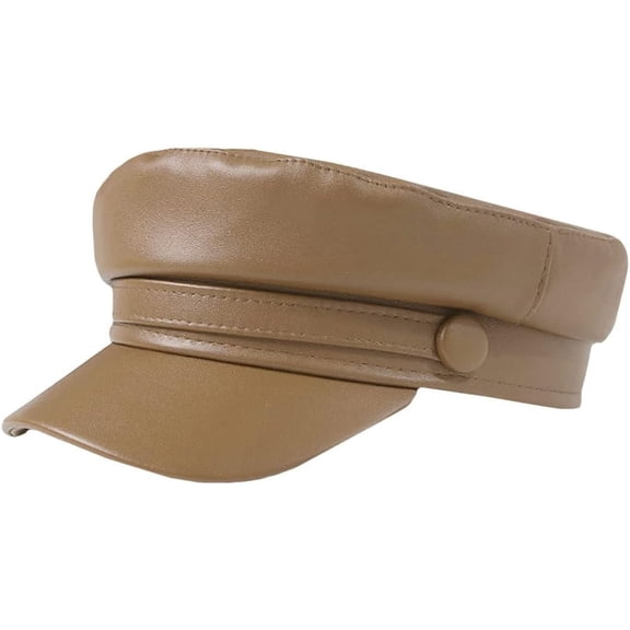 Kukuzhu Womens PU Leather Greek Fisherman Sailor Fiddler Hat Cap Newsboy Paperboy Painter Cap Beret Hat Light Brown, One Size