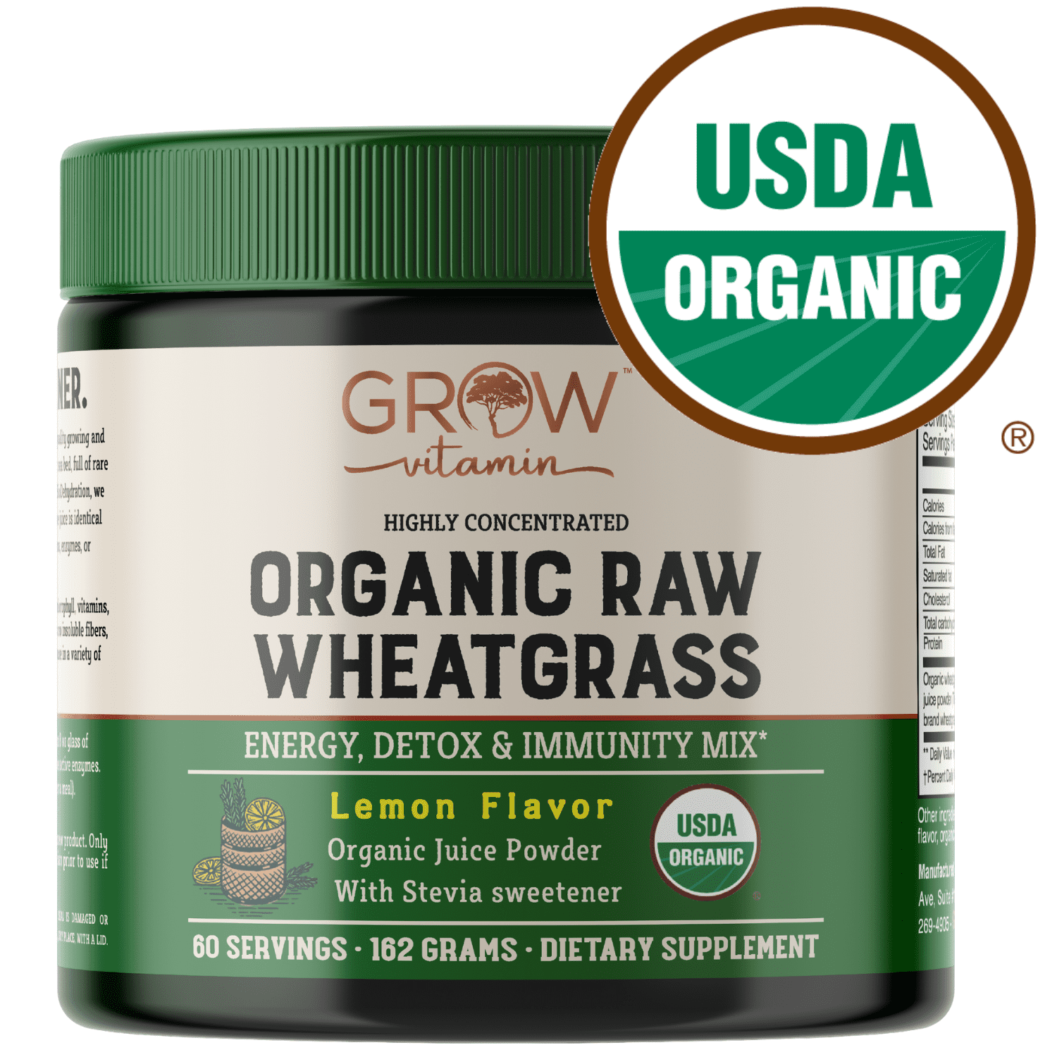 Grow Vitamin Raw Organic Wheatgrass Juice Powder (60 Servings) USDA