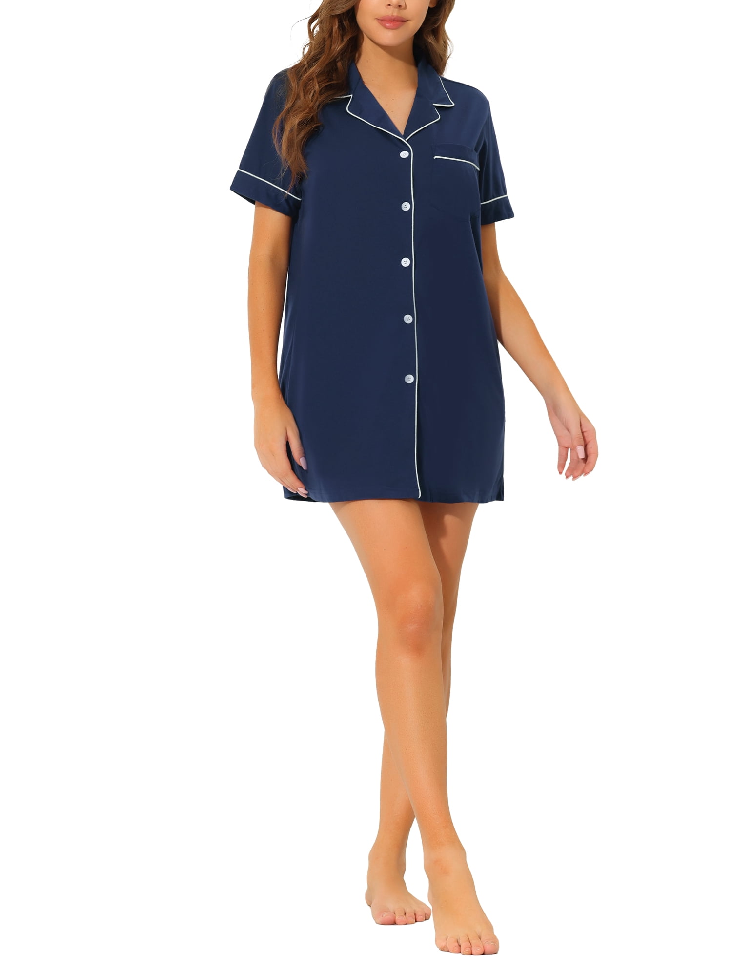 Unique Bargains Women's Summer Short Sleeves Button Down Sleepshirt