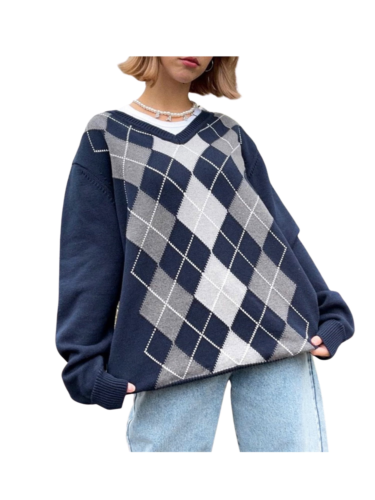 Women’s Y2K Sweater Vintage Loose Fit Crew Neck Knitwear Long Sleeve Pullover Preppy Style Top