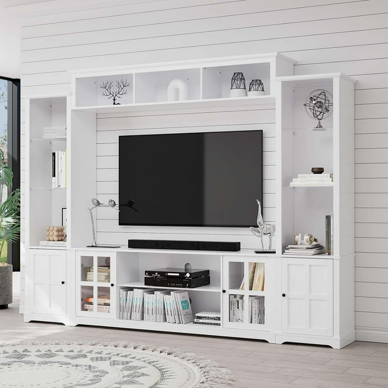 MEISSALIVVE 4 Piece Wall Unit TV Stand with Bookshelf Modern TV Console Table Media Large Entertainment Center with Open Shelves for TVs up to 65