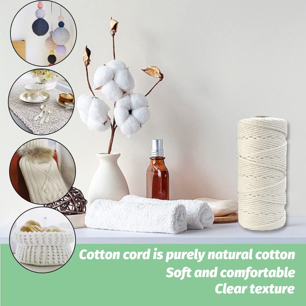 BUZIFU Natural Macrame Cord, 3MM*100M Cotton Cord Macrame Rope Macrame Kit with 100 Pcs Wood Beans, 4 Pcs Metal Rings, 4 Color Craft Cotton String Twine for Plant Hangers Knitting Macrame Craft DIY