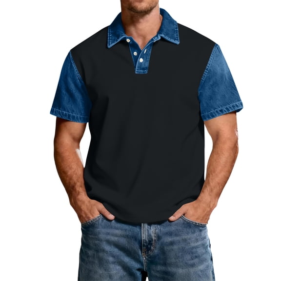 Havenx Raglan Short Sleeve Polo Shirts for Men Denim Collar Patchwork Shirts Button Down Short Sleeve Polo Shirts Contrast Colors Casual Comfy Trendy Summer Gym Fashion Clothing,Dark Gray 3XL