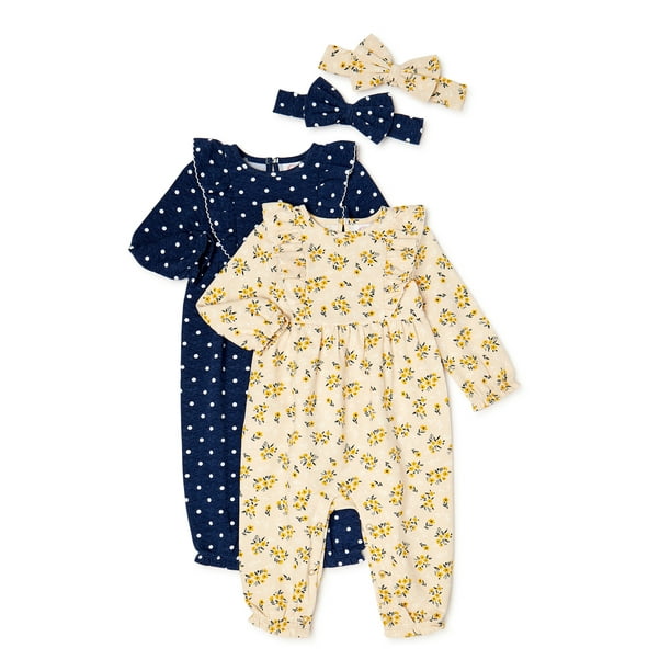 Wonder Nation Baby Girl Clothing Romper with Headband, 2Pack Bundle