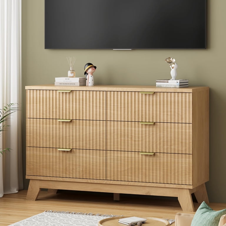 natural oak dresser Garvee Fluted 56 Inch 6 Drawers Curved Profile Wooden Organizer for Bedroom Living Hallway close drawers provide ample space for anything you need to stash away Four Hands - Roark 6