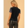 thumbnail image 4 of Blusa de fiesta de manga corta con cuello redondo y lentejuelas de terciopelo para mujer Negro Morado XS, 4 of 6
