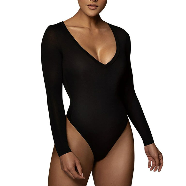 Noarlalf Shapewear Bodysuit Bodysuits for Women Tummy Control V Neck Sexy Long  Sleeve Shapewear Ultralight Bodysuit Black M 