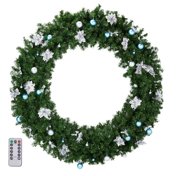 Qiushi 60in Pre-lit Christmas Wreath, Lighted Artificial Xmas Wreath with 220 Warm & Cool White LEDs, 600 PVC Tips, Remote Control & 11 Modes, DIY Ornaments for Front Door Outdoor Holiday Decor