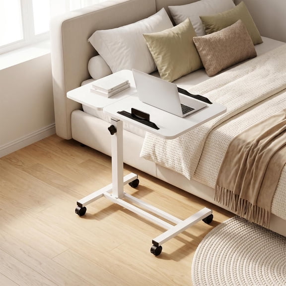 Adjustable Height Rolling Table, 360° Rotatable Panel Overbed Table with Wheel, Tilting Bedside Laptop Table for Bed, Sofa, and Office Use, White