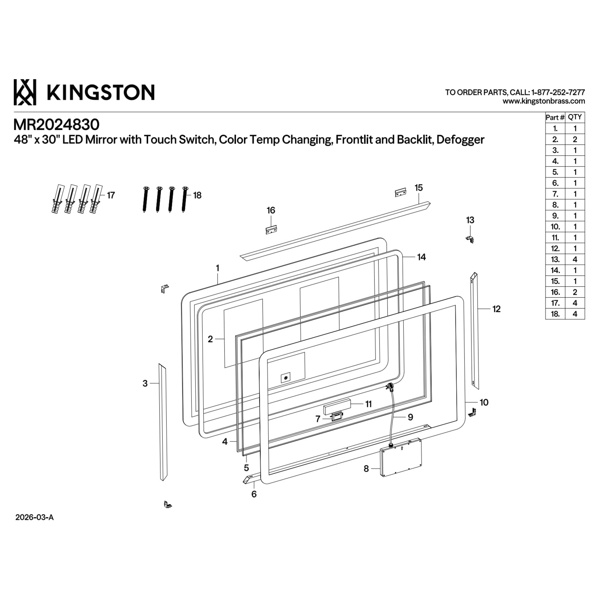 Kingston Brass MR2024830 Aurora 30-Inch x 48-Inch LED Bathroom Mirror, Front and Back Light, Anti-Fog, Dimmable Touch Sensor Lighted Mirror in Silver