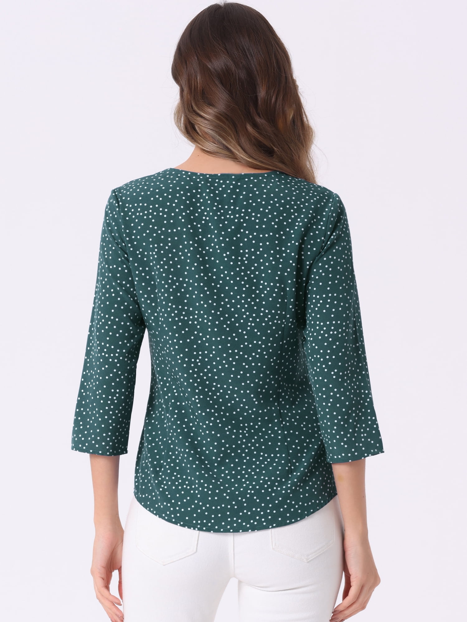 DARING DIVA Women's Polka Dots 3/4 Sleeve Button Front V Neck Blouse M Teal Green