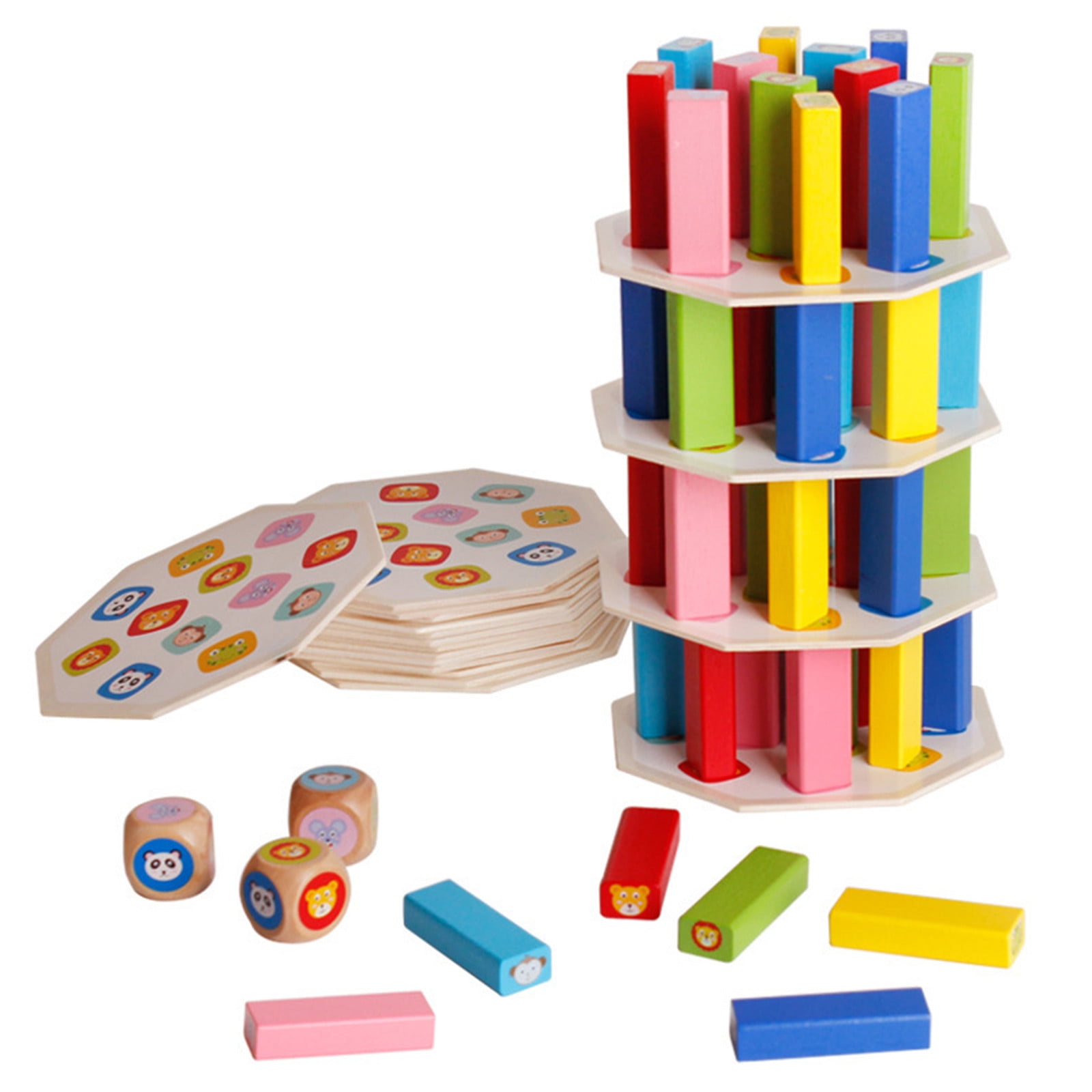 48 Pieces Premium Quality Set Tower and Dice Pidoko Kids Wooden Board Games Stacking and Tumbling Colored Blocks 