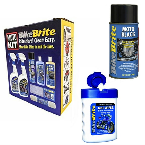 Bike Brite Motorcycle Detailing Kit 67 fl. oz., Powder Coated Engine and Wheel Cleaner 9.fl oz and White/Blue 3" x 4.5" x 1.5" Bike Wipes
