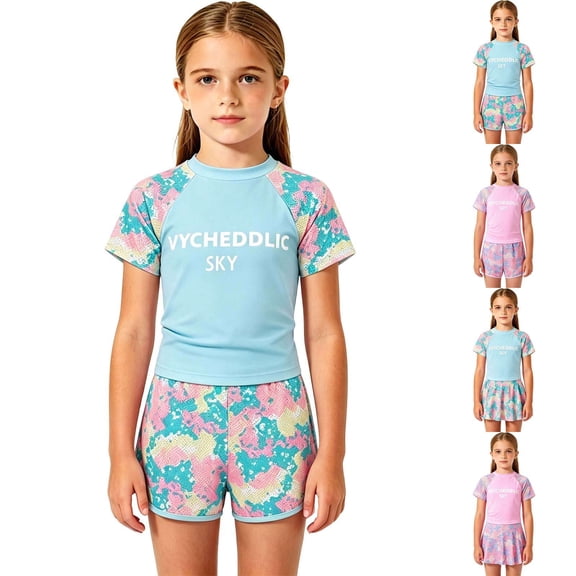 Shadoumai Girls Swimsuit One Piece Size 8 Scalloped Tankini Set Quick Drying Color Block Bathing Suit Removable Chest Pad Swimwear with Cover Up Skirt