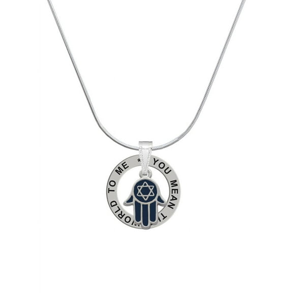 Delight Jewelry Silvertone Blue Hamsa Hand with Star of David Silver-tone You Mean the World to Me Ring Necklace, 18"